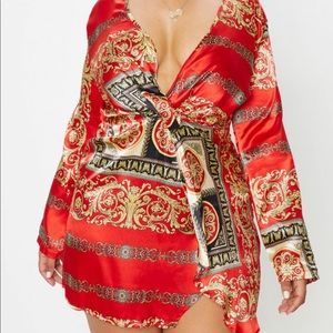PLUS RED PATTERN WRAP DRESS
